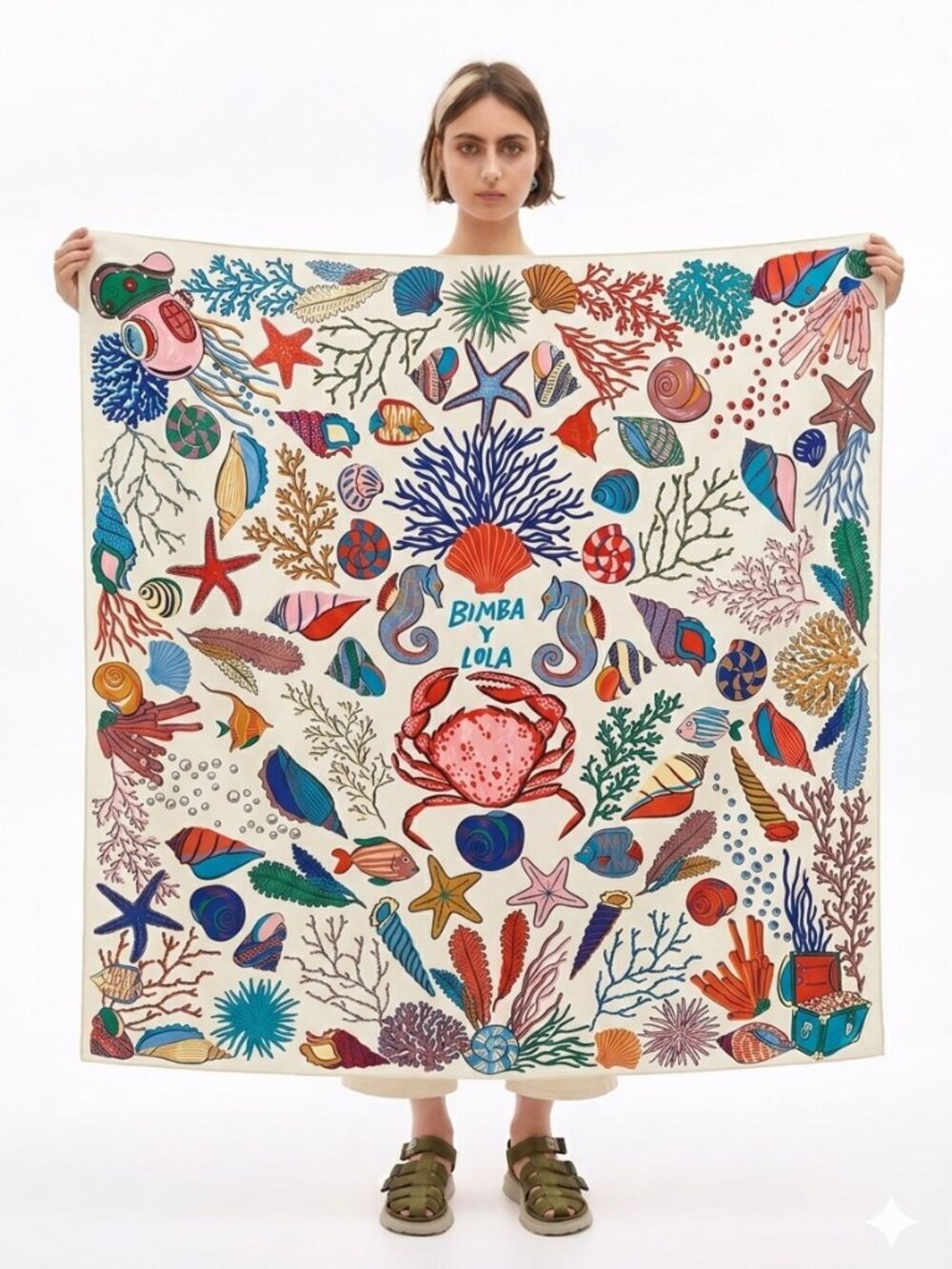 Bimba y Lola Silk Scarf Ocean Print Coastal Sea Life Square Scarf Colorful
